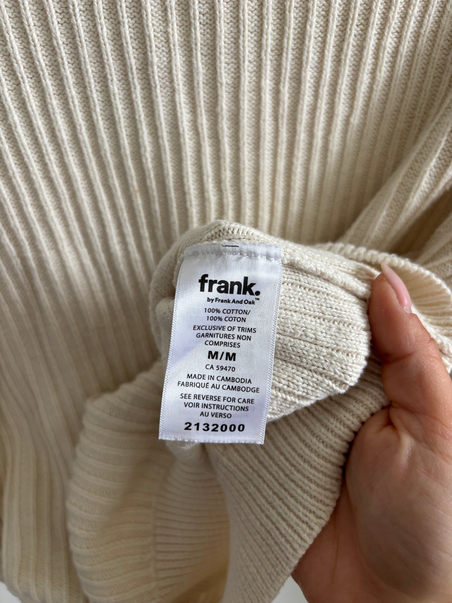 Frank & Oak Cotton Ribbed Knit Sweater | Medium