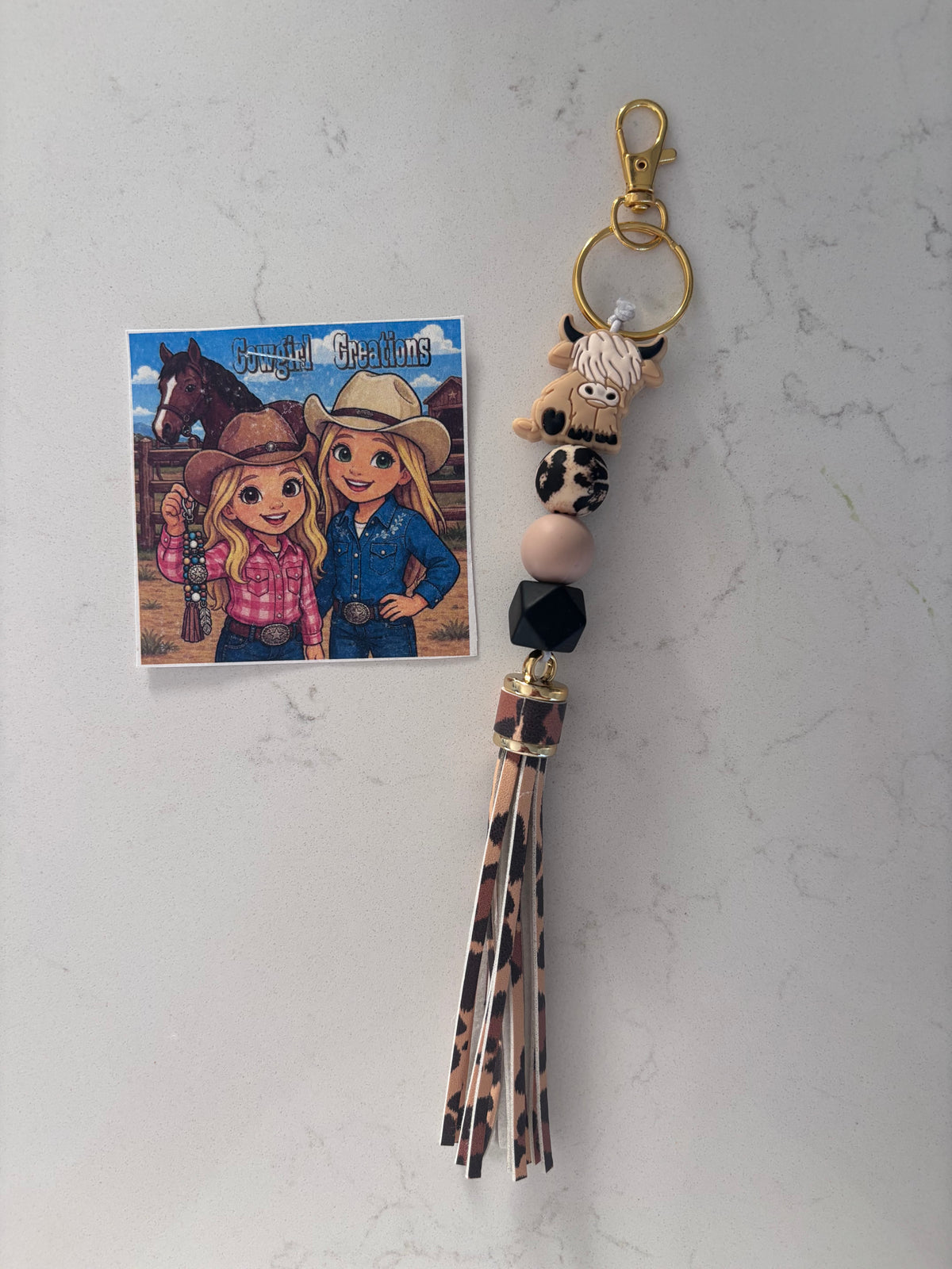 Cowgirl Creations Highland Cow Silicone Bead Tassle Keychain