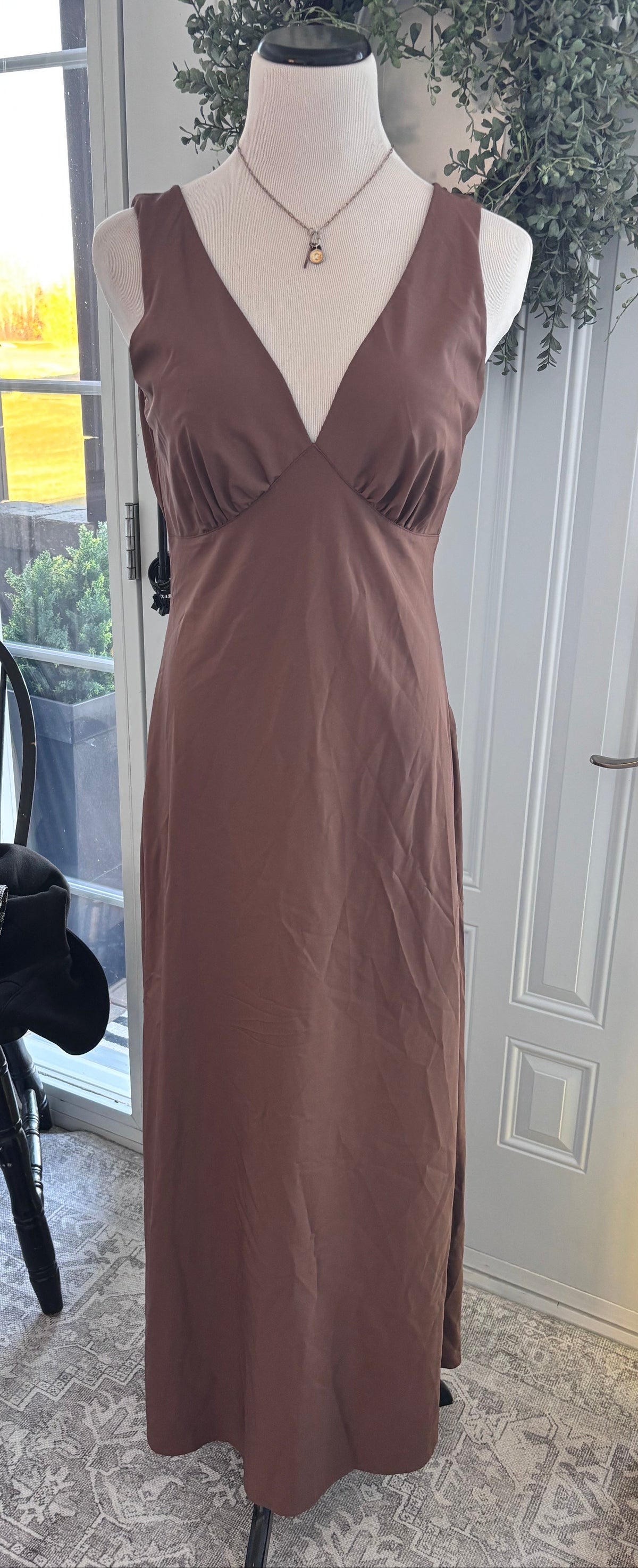 Aralina Silky V-neck Maxi Brown Dress | sz Medium (NWT)
