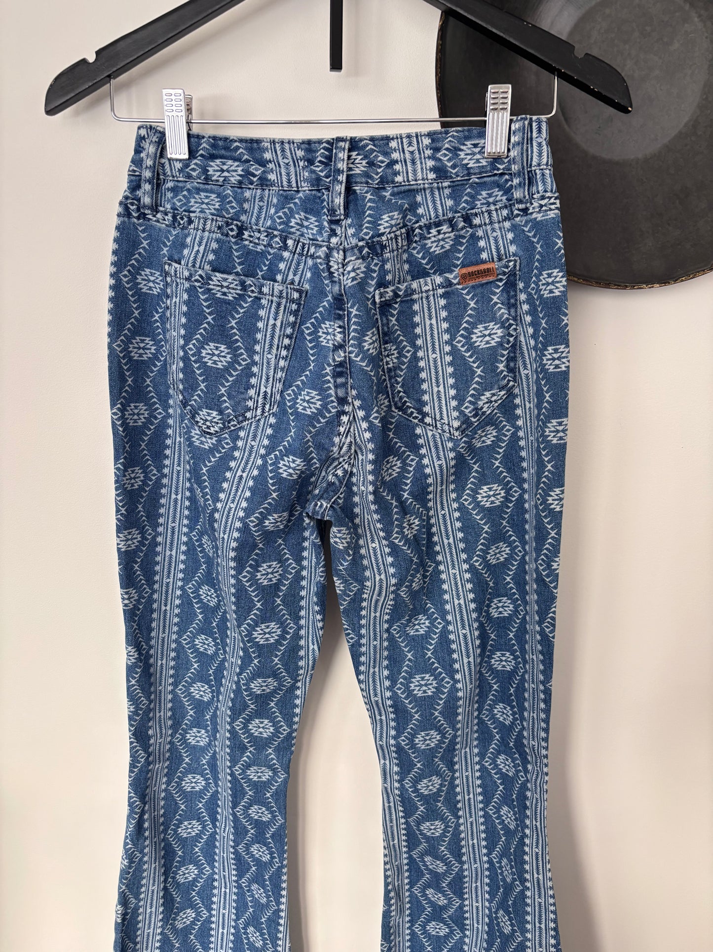 Rock & Roll Denim Indigo Aztec Flare Jean | Sz 25 (34" long)(M66A4)
