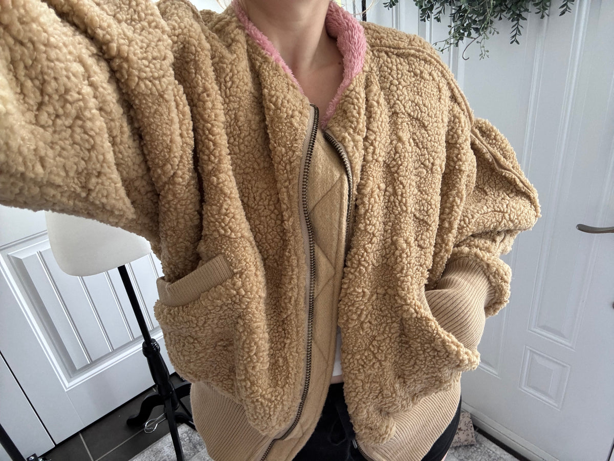 Free People Cozy Up Brown/Pink Sherpa Jacket | Sz Small (very oversized)