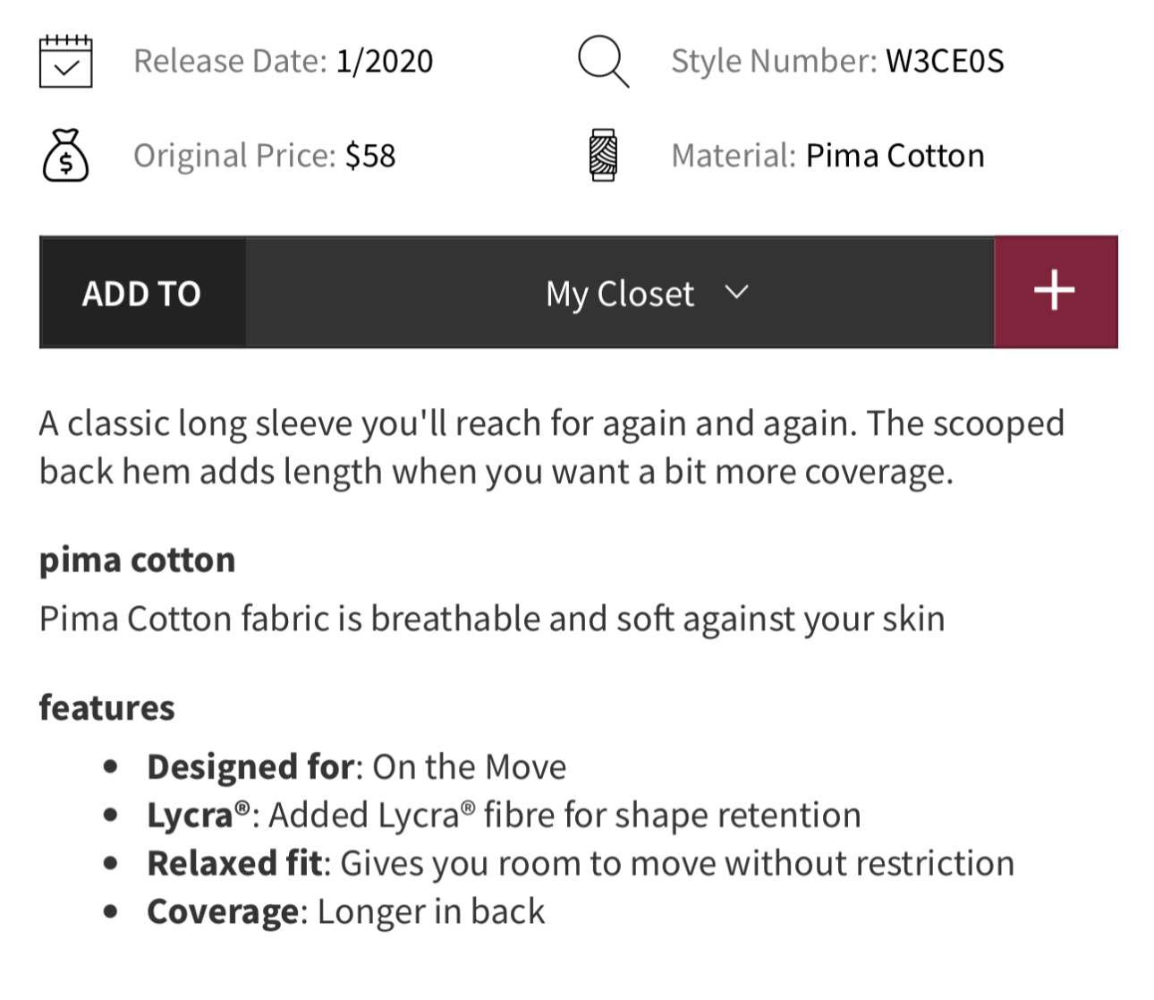 Lululemon Back in Action Long Sleeve | Small