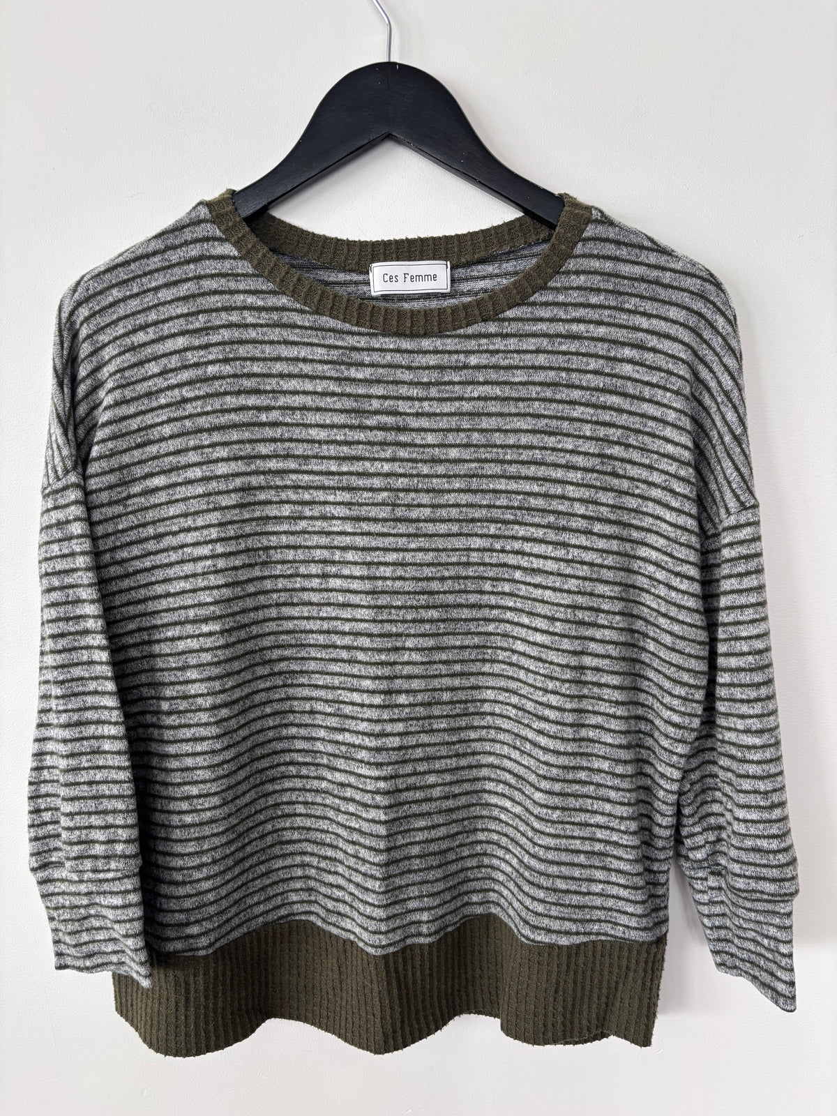 Ces Femme Green/Grey Soft Striped Shirt | Sz Small (oversized)