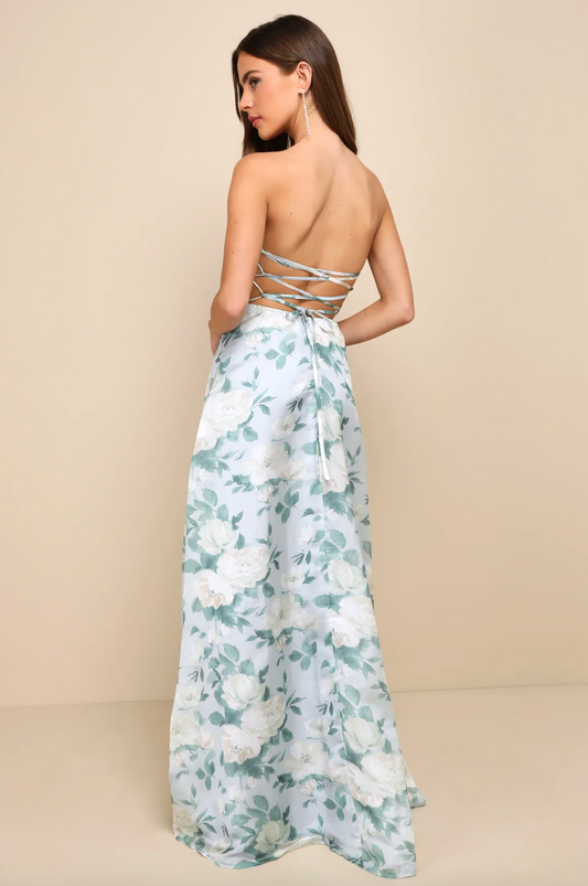 Lulu's Exceptional Sight Light Blue Floral Lace-Up Strapless Maxi Dress | Sz XL