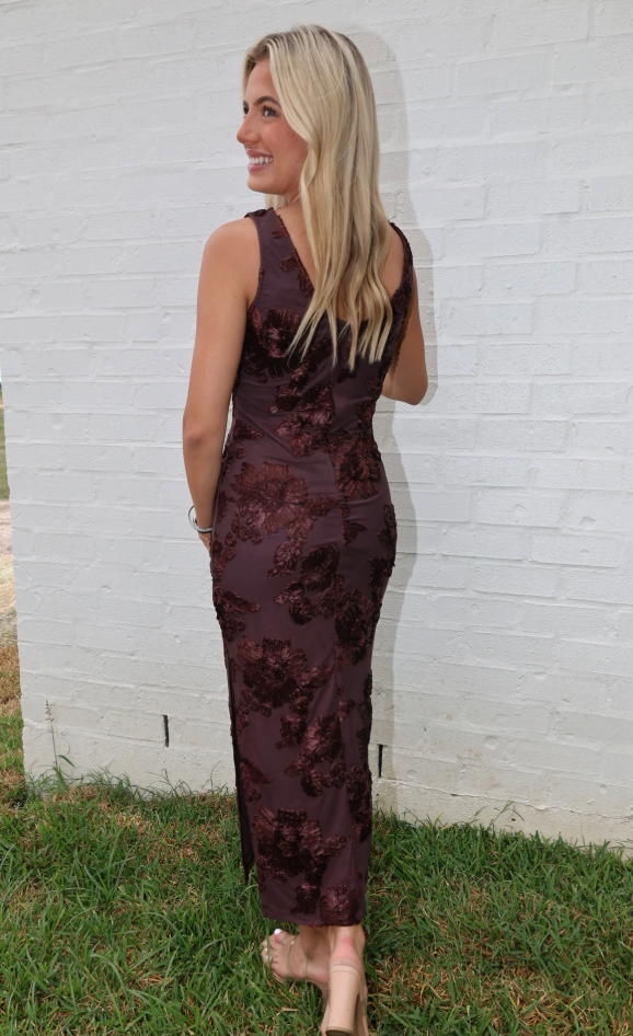 Brown Floral Applique Maxi Dress | Sz Small (approx)