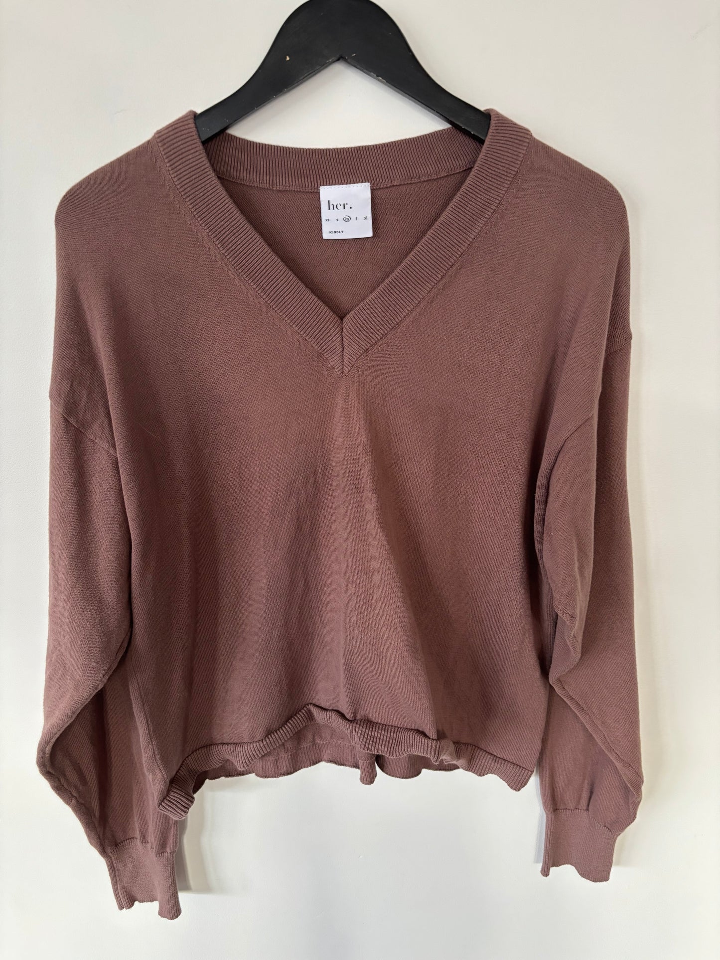Her. V Neck Brown Cotton Sweater | Medium (D107C1)