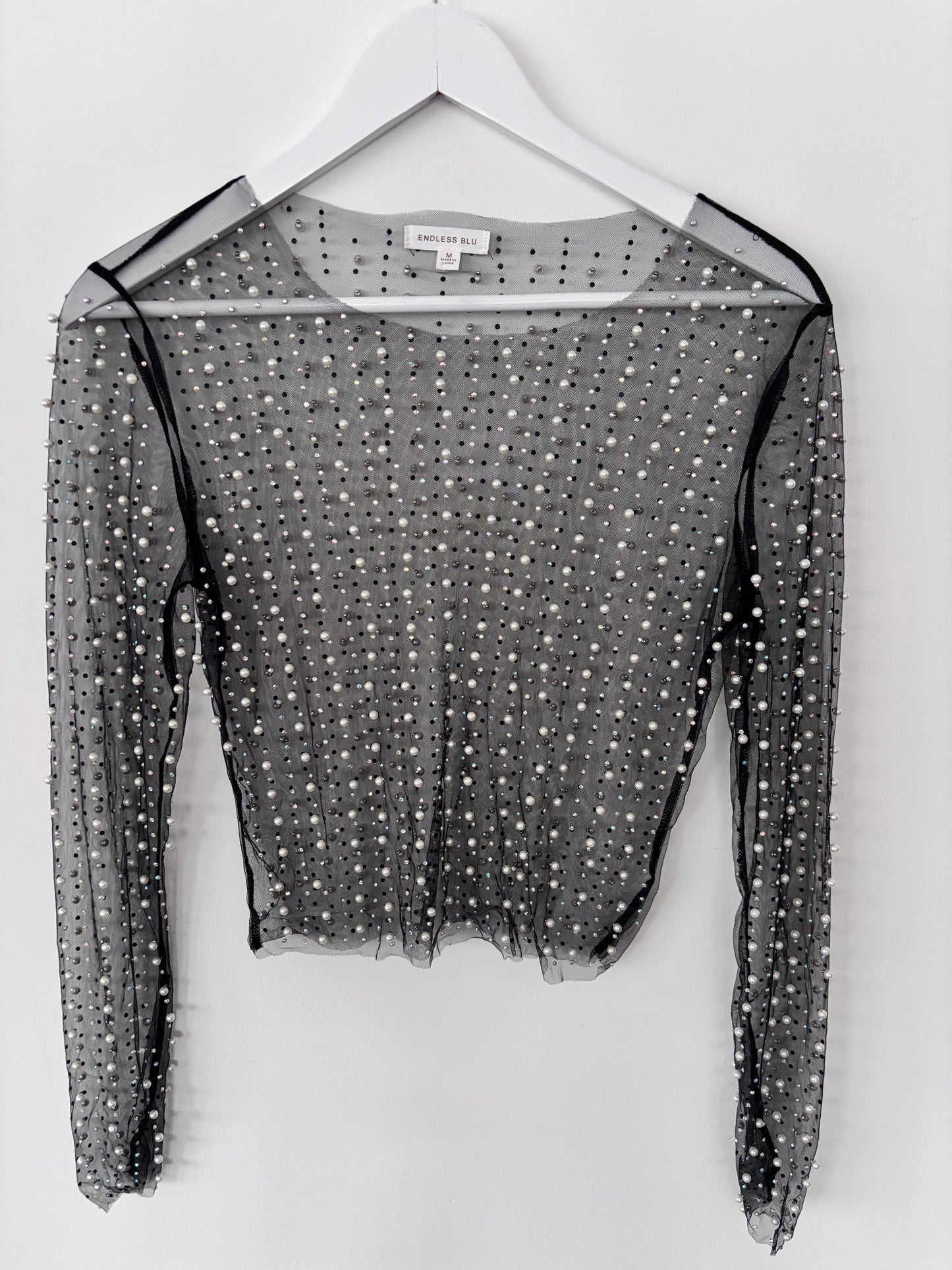 Pearl Rhinestone Sheer Mesh Crop Top | Sz Medium