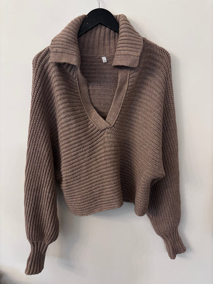 No Brand Ribbed Collar Sweater Taupe | Sz Small (oversized)