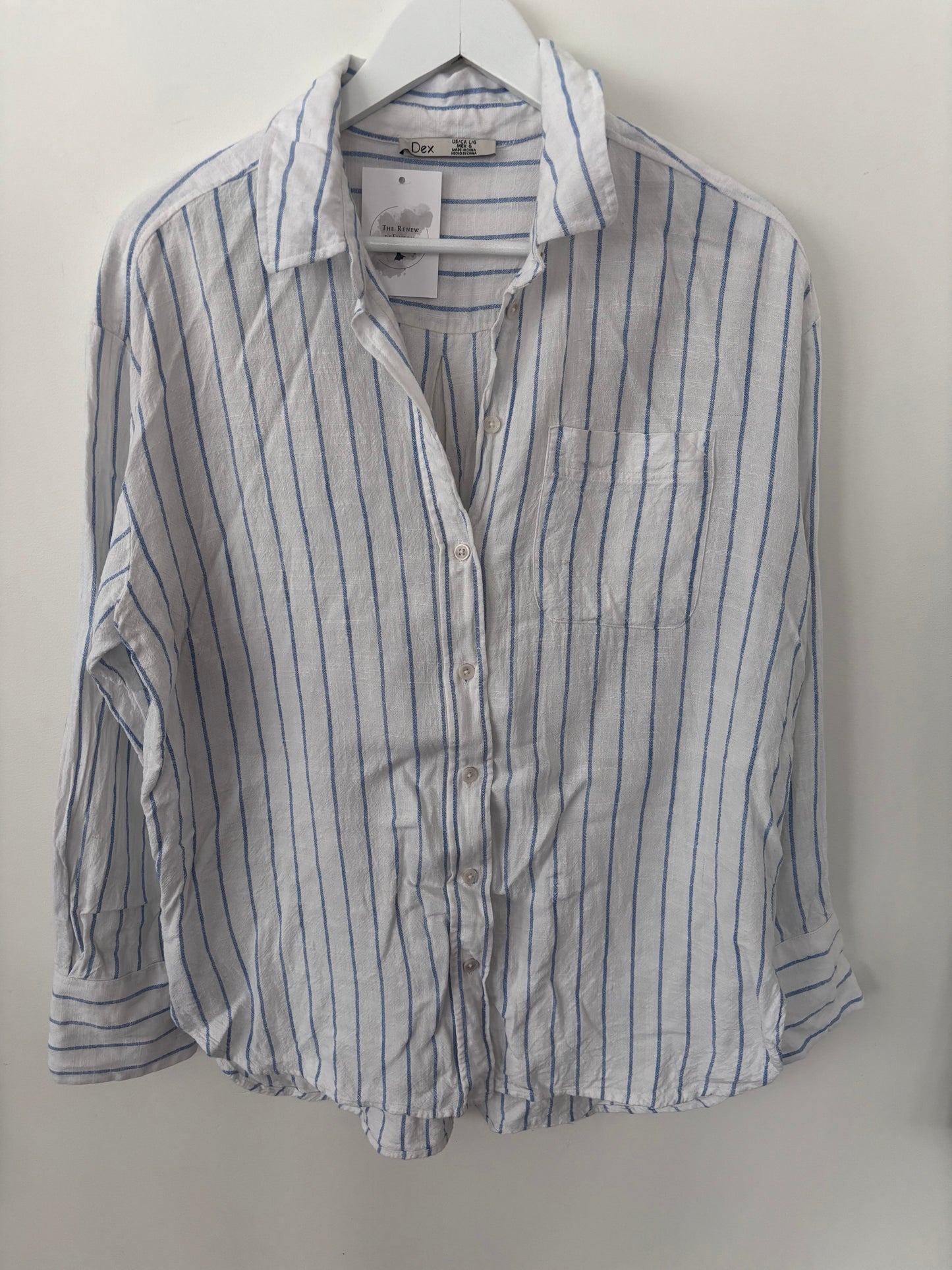 Dex Linen Blend Blue Striped Button Up Shirt | Sz Large (F143C8)