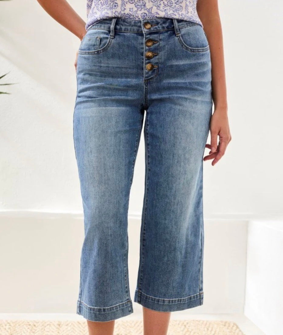 Tribal Audrey Button Fly Wide Leg Crop Jeans | Sz 14 (M61N19)