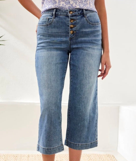 Tribal Audrey Button Fly Wide Leg Crop Jeans | Sz 14 (M61N19)