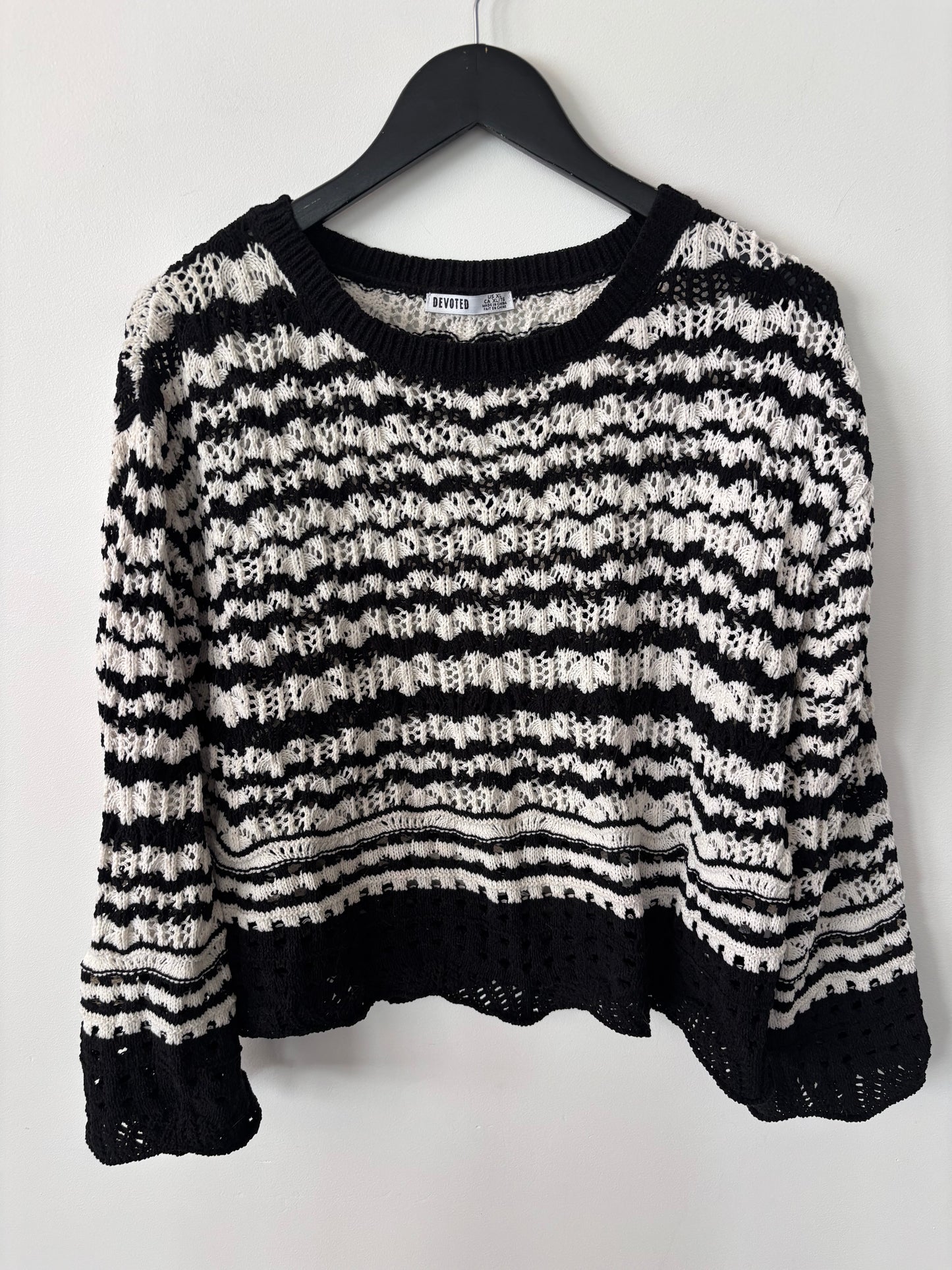 Devoted Black/White Striped Crochet Sweater| Sz XL