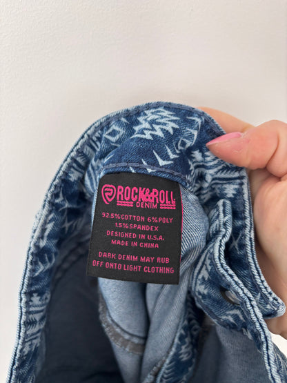 Rock & Roll Denim Indigo Aztec Flare Jean | Sz 25 (34" long)(M66A4)