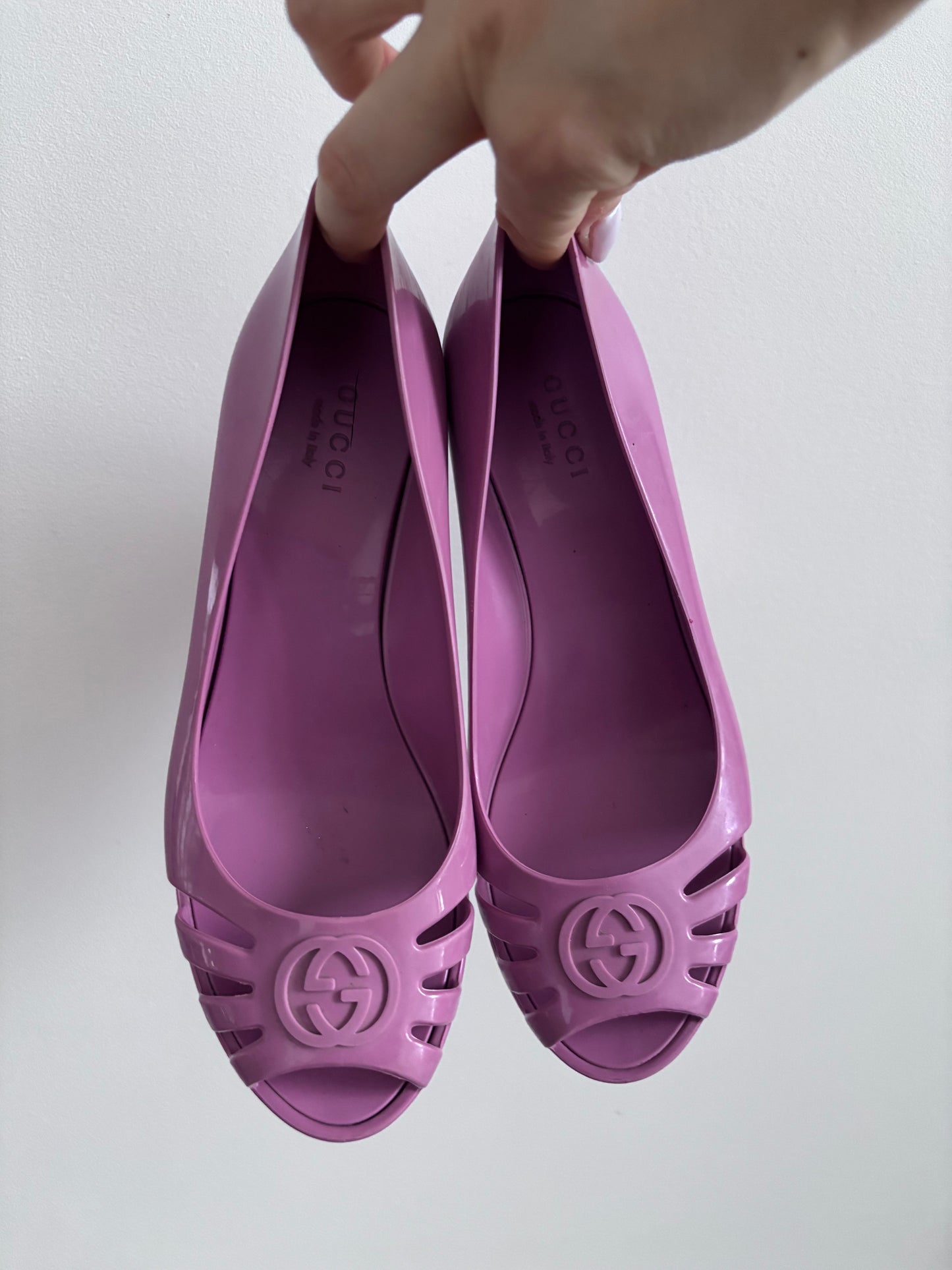 Gucci Pink/Purple Jelly Marola Peep Toe Wedge Pumps | Sz 6