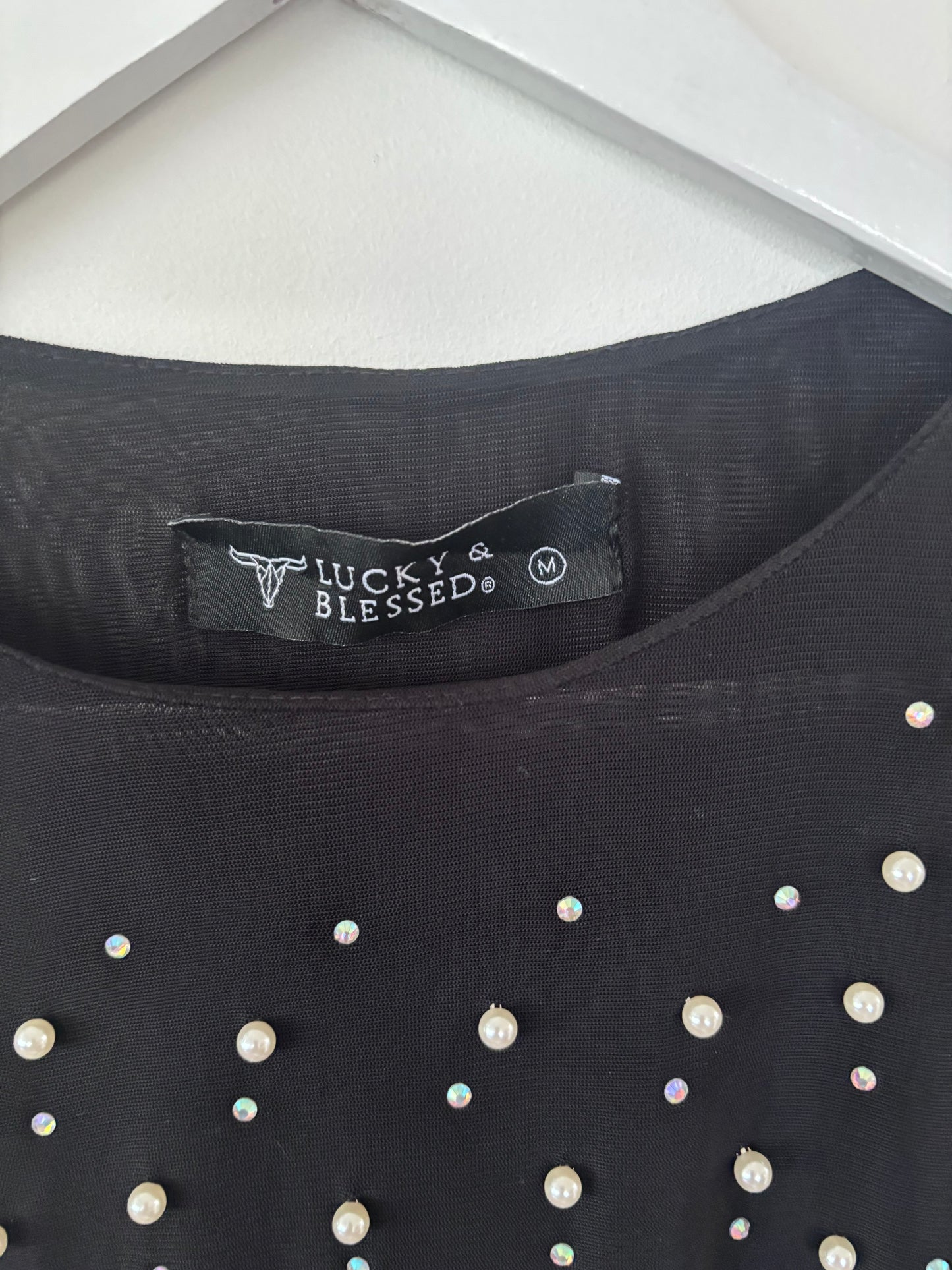 Lucky & Blessed Pearl/Rhinestone Top | Sz Medium