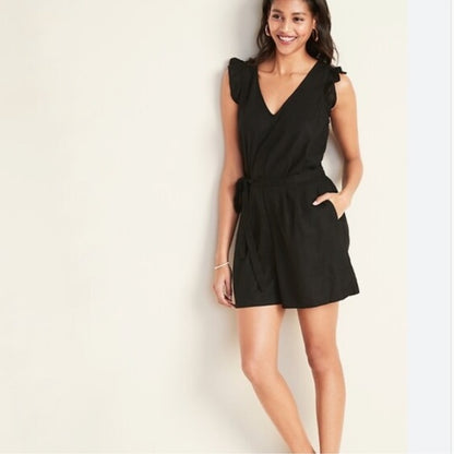 Old Navy Linen Blend Black Romper | Sz Medium (flaw)