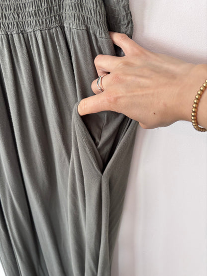 Hello Miz Smocked Tube Midi Dress in Green/Grey | Sz Small (Maternity brand)