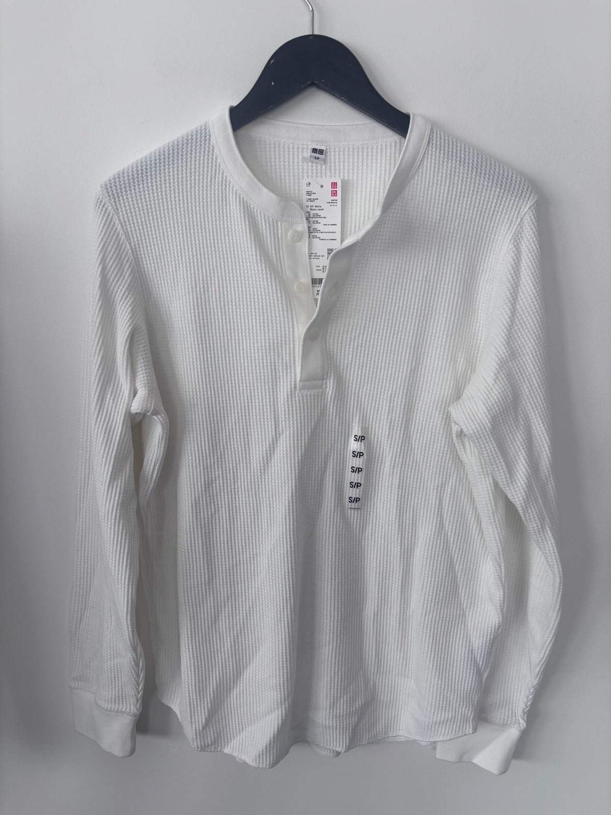Uniqlo Waffle Texture White Henley Shirt | Sz Small (Oversized)
