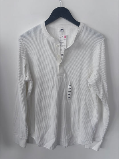 Uniqlo Waffle Texture White Henley Shirt | Sz Small (Oversized)
