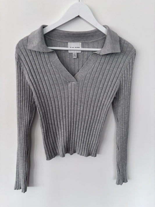 Pink Rose Grey Ribbed Polo Sweater | Sz Small