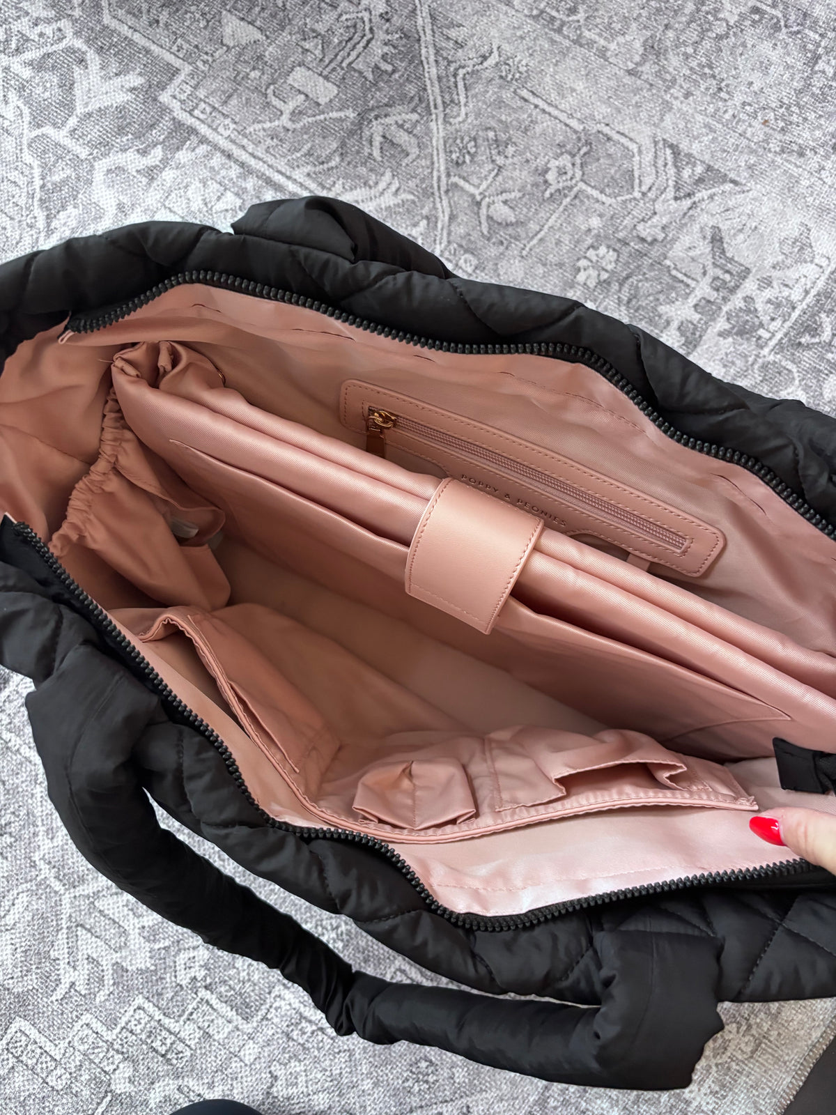 Poppy & Peonies Quilted Black Tote Bag