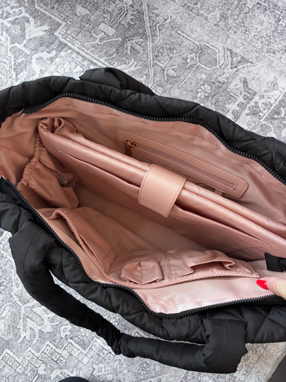Poppy & Peonies Quilted Black Tote Bag