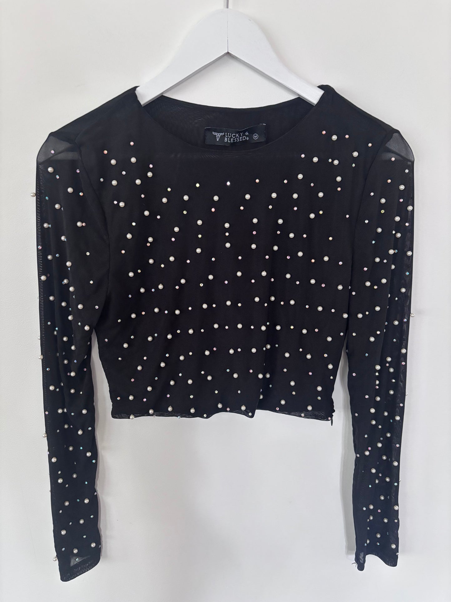 Lucky & Blessed Pearl/Rhinestone Top | Sz Medium
