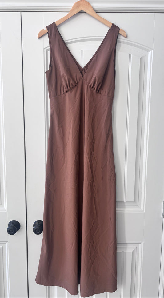 Aralina Silky V-neck Maxi Brown Dress | sz Medium (NWT)
