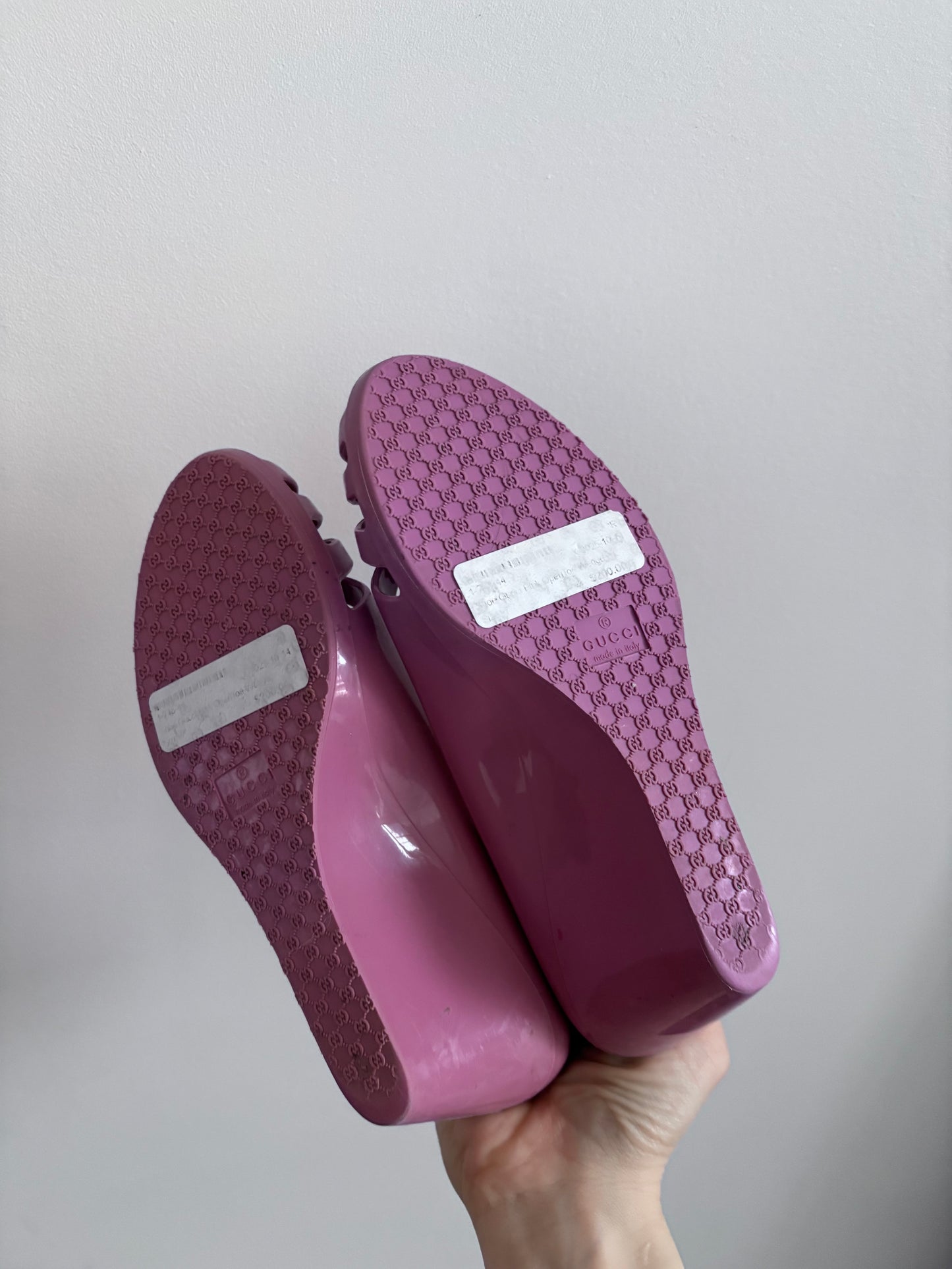 Gucci Pink/Purple Jelly Marola Peep Toe Wedge Pumps | Sz 6