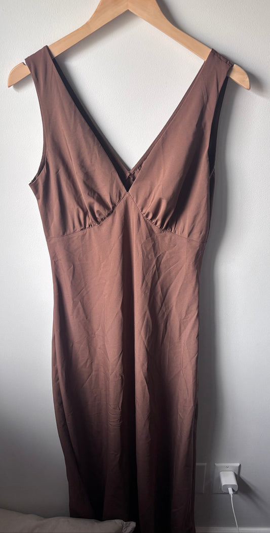 Aralina Silky V-neck Maxi Brown Dress | sz Medium (NWT)