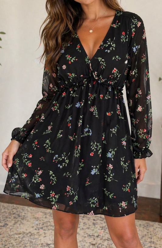 H&M Black Floral Mini Dress | Sz XS (fits larger)(M129S5)