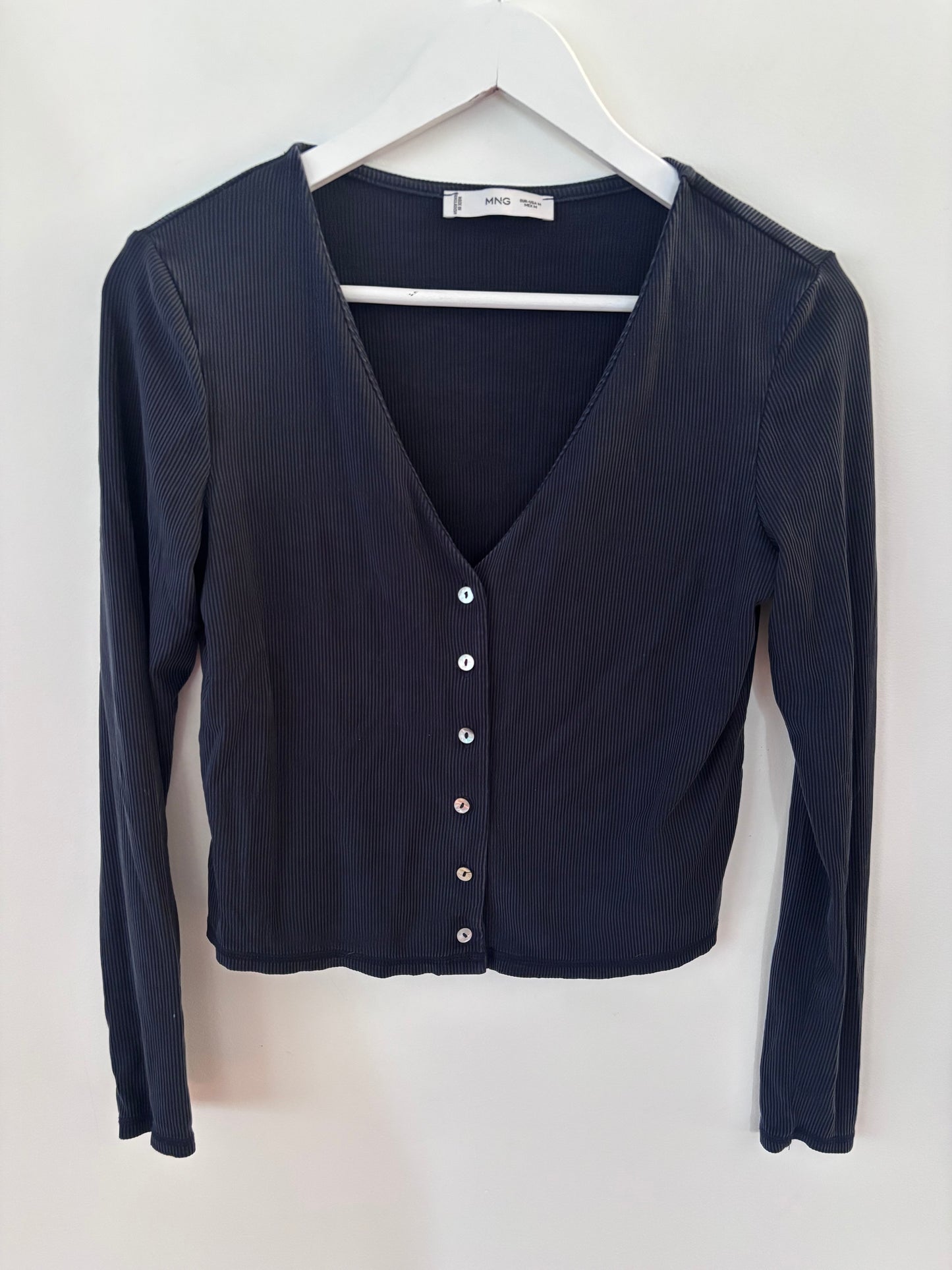 Mango Ribbed Navy Button Up V-Neck Top | Medium