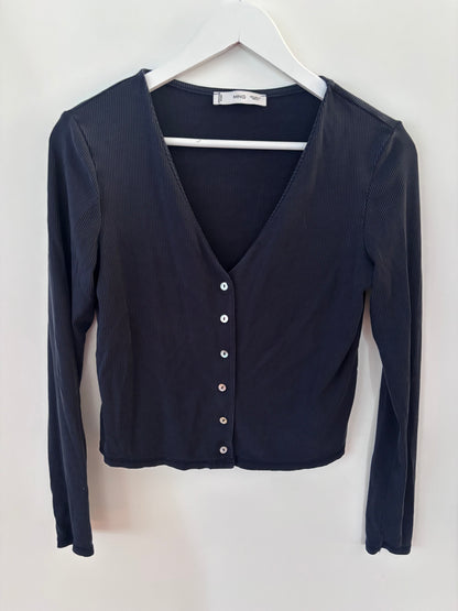 Mango Ribbed Navy Button Up V-Neck Top | Medium