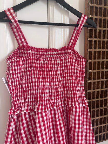 Old Navy NWT Red Gingam Smocked-Bodice Midi Dress | Sz Small
