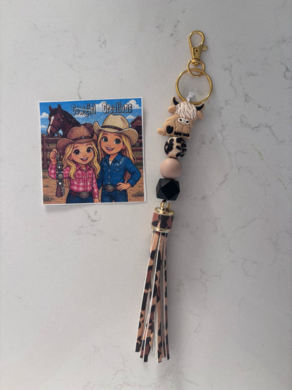 Cowgirl Creations Highland Cow Silicone Bead Tassle Keychain