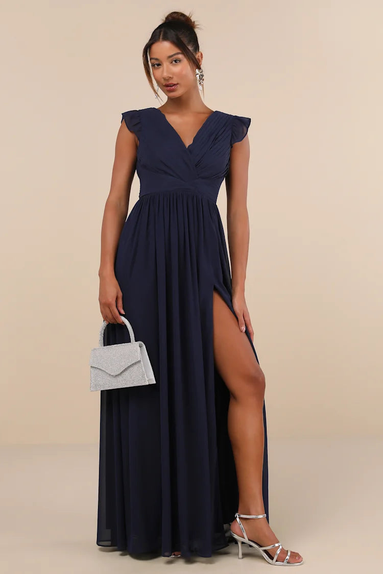 Lulu's Navy Pleated Backless Surplice Maxi Dress| Sz Small