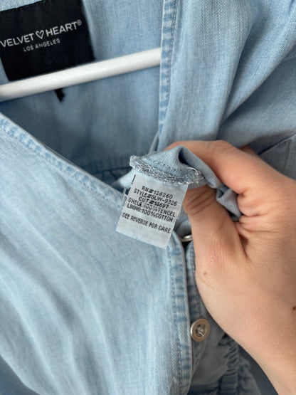 Velvet Heart Chambray Romper | Small (belt included, not pictured)
