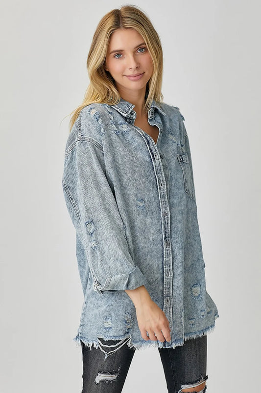 Risen Acid Wash Distressed Raw Hem Denim Shirt | Sz Small Oversized (F03O9)