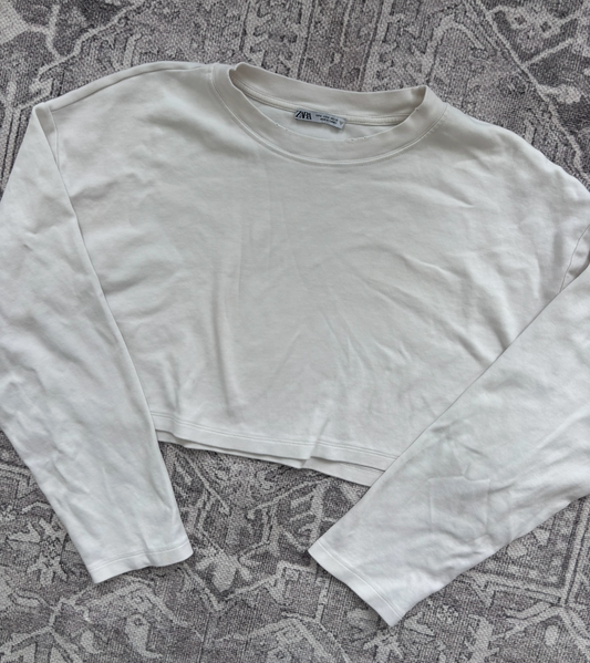 Zara White Long Sleeve Cropped Oversized Shirt | Sz Large
