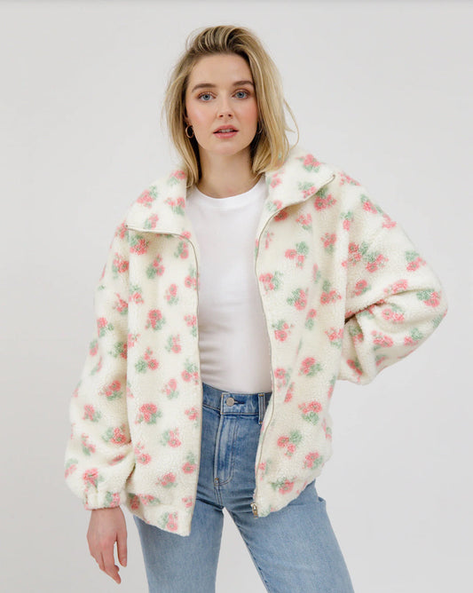 Brunette The Label Full Zip Floral Sherpa Jacket (White W/ Pink) | Sz S/M (AG1)