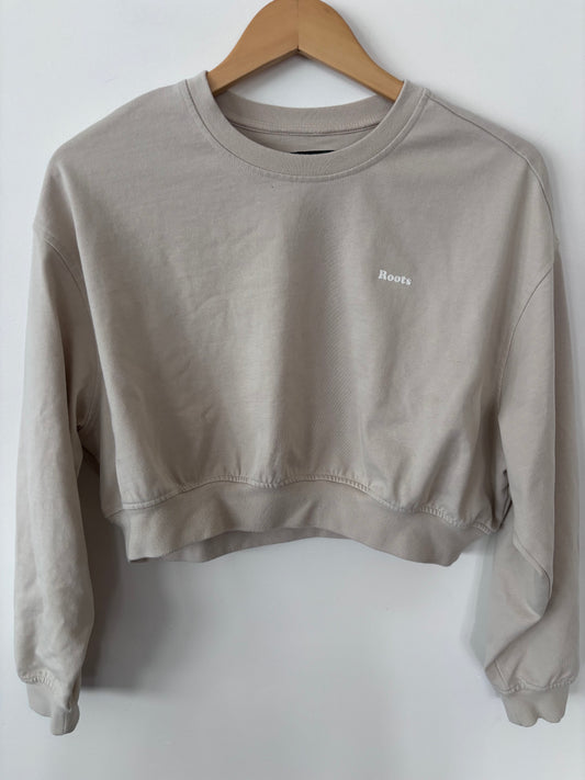 Roots Neutral Beige Cropped Crewneck Sweatshirt | Sz Small (matching shorts)