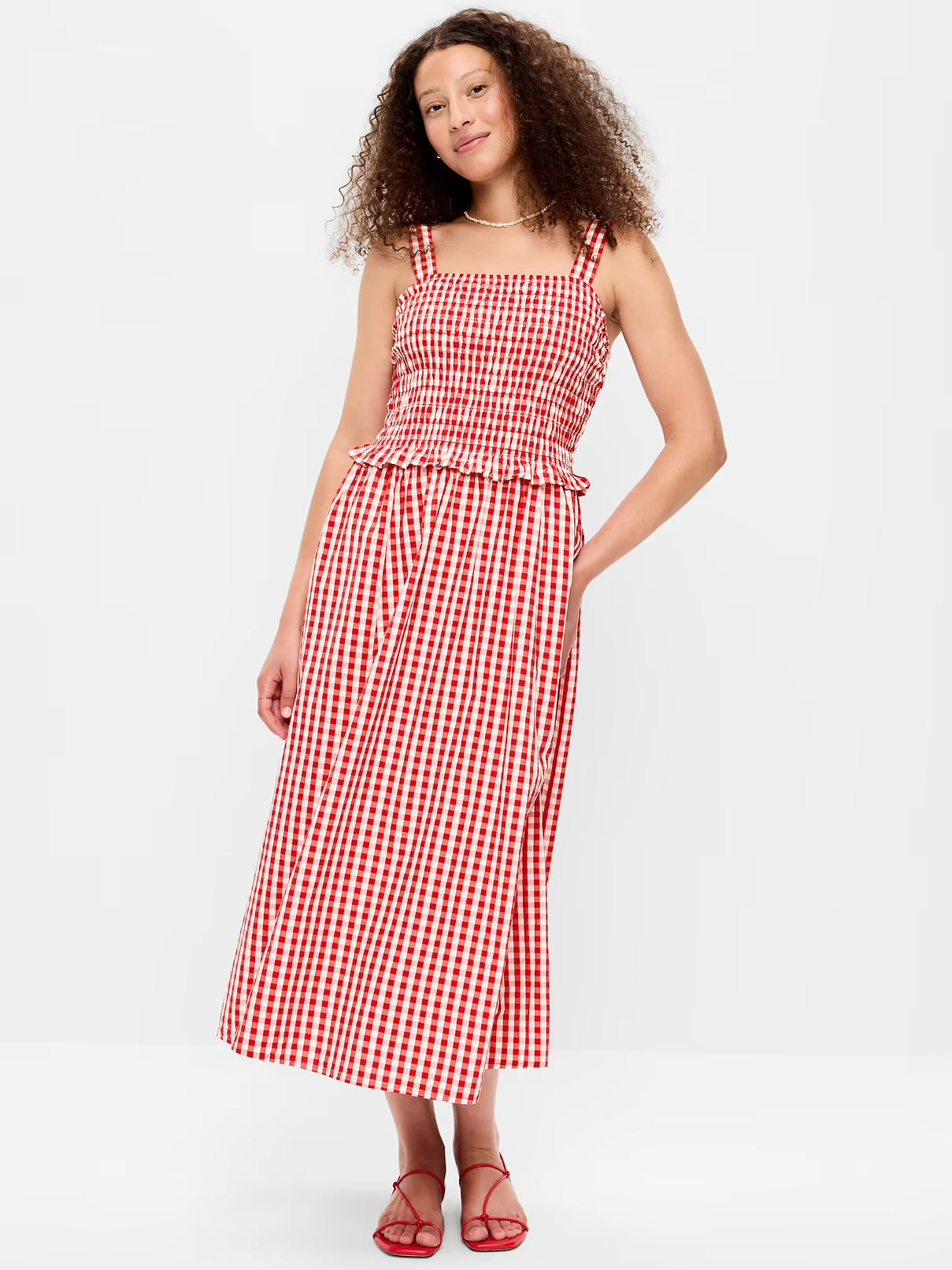 Gap NWT Red Gingam Smocked-Bodice Midi Dress | Sz Small
