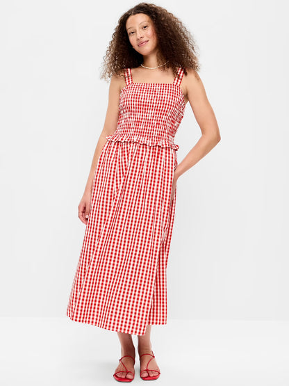 Old Navy NWT Red Gingam Smocked-Bodice Midi Dress | Sz Small