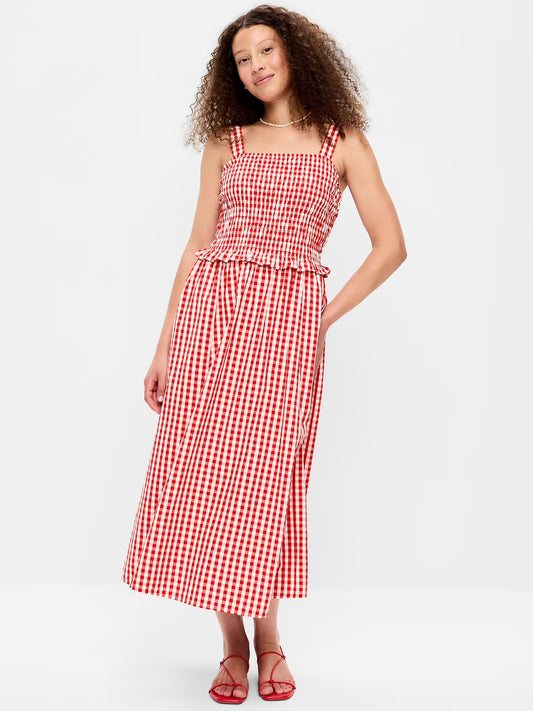 Gap NWT Red Gingam Smocked-Bodice Midi Dress | Sz Small