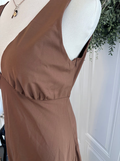 Aralina Silky V-neck Maxi Brown Dress | sz Medium (NWT)