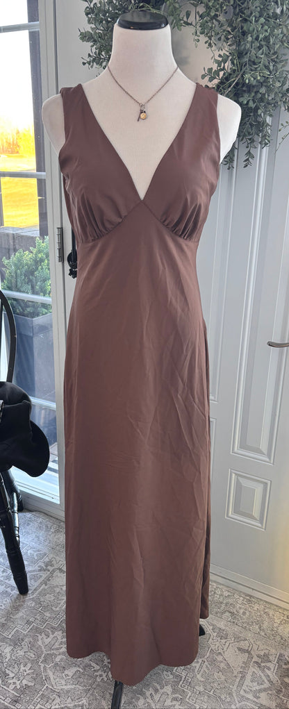 Aralina Silky V-neck Maxi Brown Dress | sz Medium (NWT)