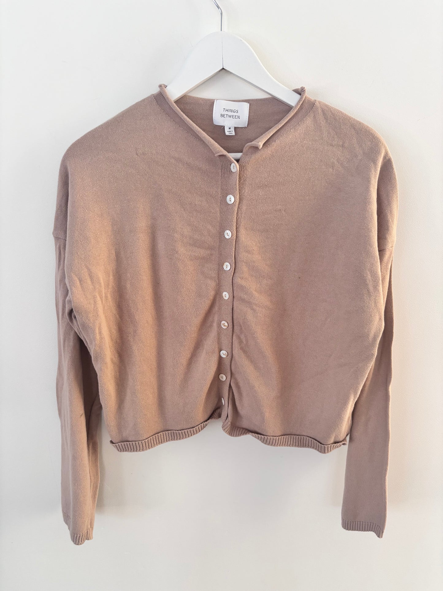 Things Between Beige Cotton Rolled Neck Cardigan | Sz Medium