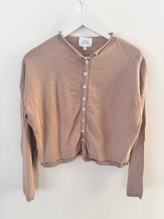 Things Between Beige Cotton Rolled Neck Cardigan | Sz Medium