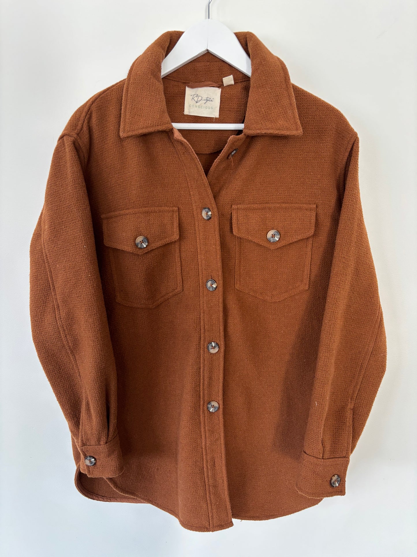 RD Style Textured Knit Shirt Jacket Cognac Brown | Sz Small (Oversized)
