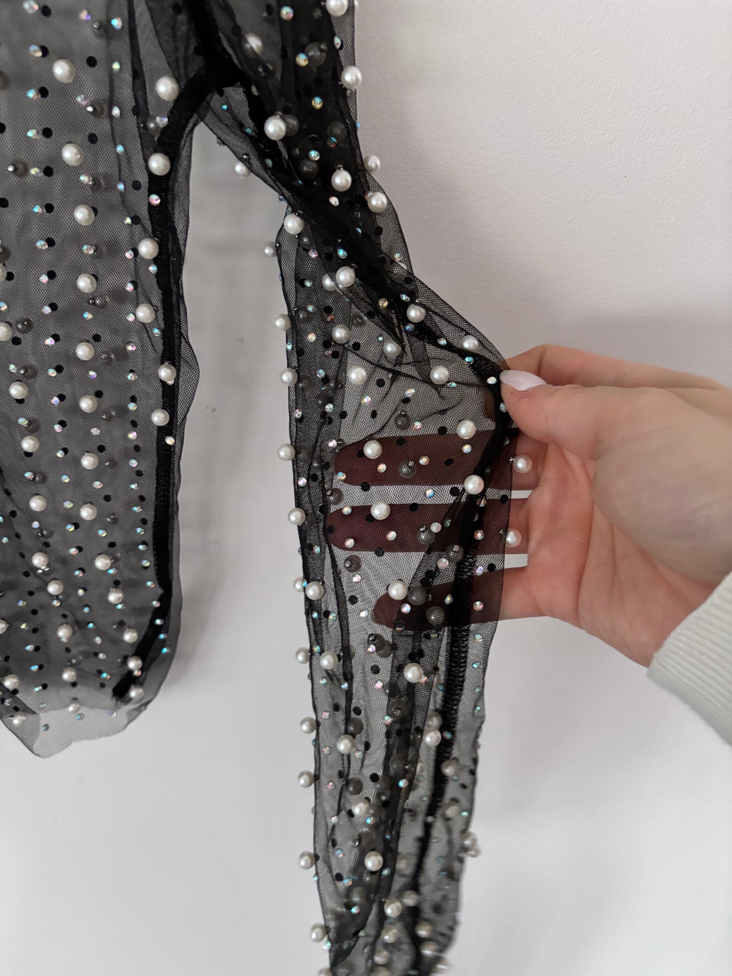 Pearl Rhinestone Sheer Mesh Crop Top | Sz Medium